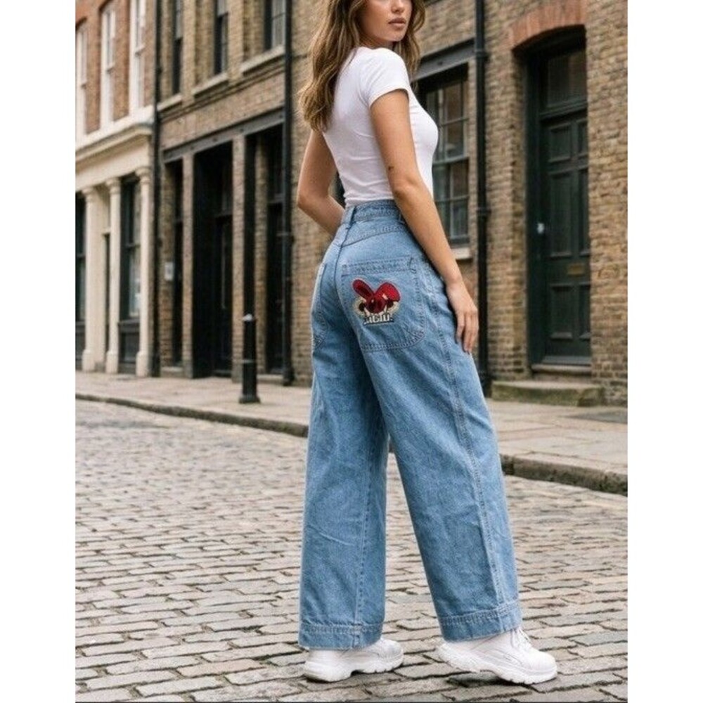 Alab Wide Leg Jeans Blue Denim Skater Baggy Y2K Bunny Patch Women’s Sz 26 Cool